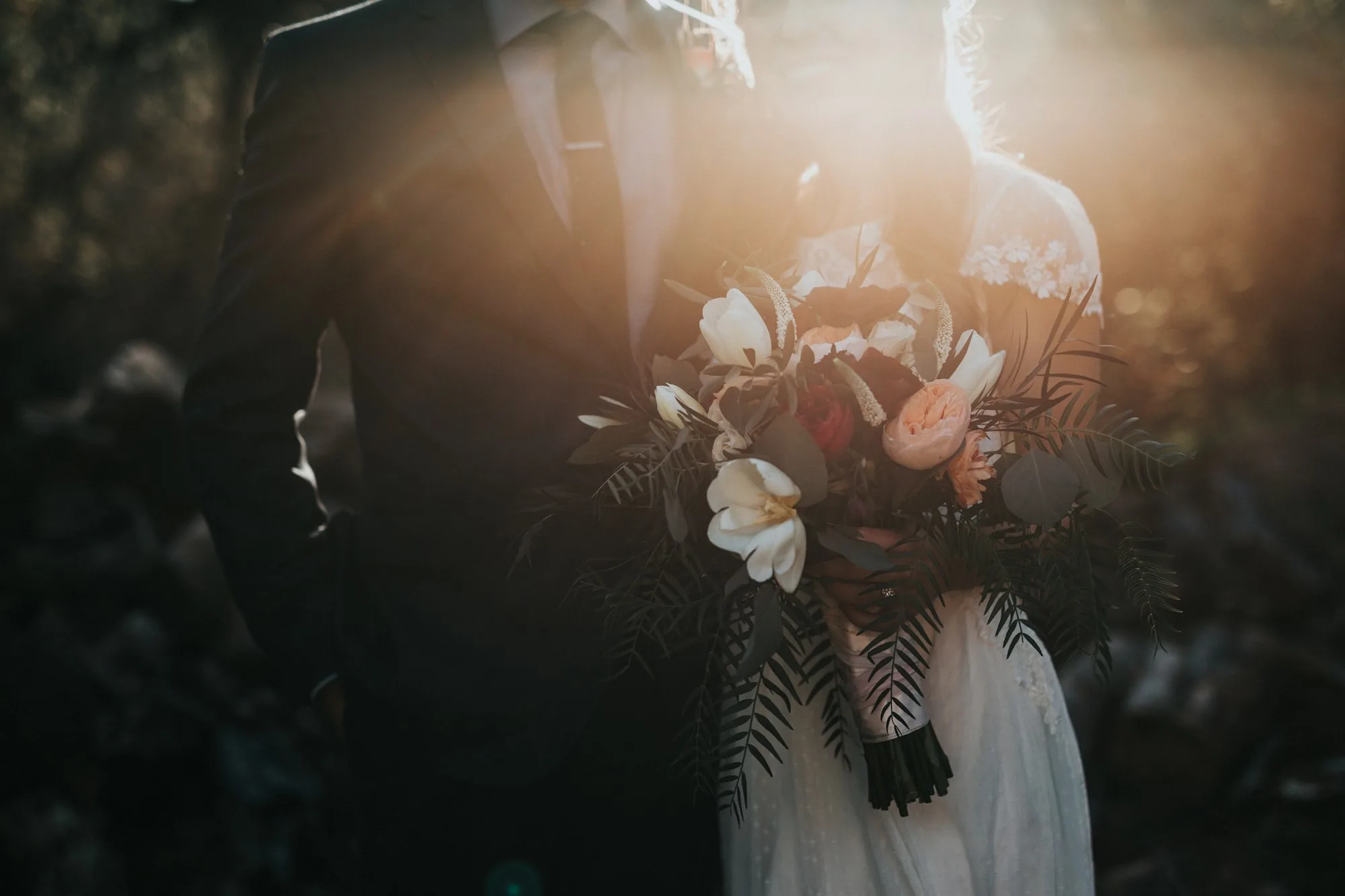 A couple embraced beneath a veil in golden light